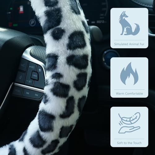 ZHOL Plush Leopard Cheetah Steering Wheel Cover, 15 Inch Universal Fit, Soft Warm Winter Cover with Non-Slip Grip, Heat & Cold Protection Easy Install Fuzzy Cover for Car SUV Truck (Black White) - color: Cheetah White