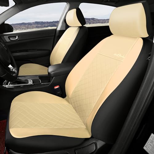 GIANT PANDA Front Car Seat Covers, Bucket Seat Covers, Leather Low Back Auto Seat Covers for Cars, Trucks, Jeep, Van, SUV, Pickup, Airbag Compatible (Beige+Black) - color: Beige(Separate headrest)