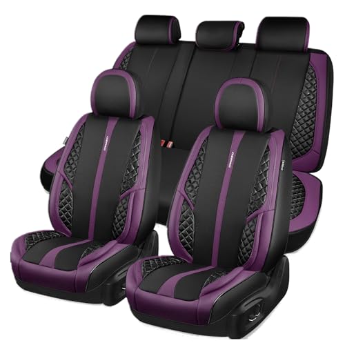 CAR PASS Nappa Leather Car Seat Covers Full Set Waterproof Protector Durable Cushioned,Universal Fit for Sedan SUV Pick-up Truck,Automotive, Anti-Slip and Backseat Luxury Premium(Black and Purple) - color: Black Purple, size: Full Set