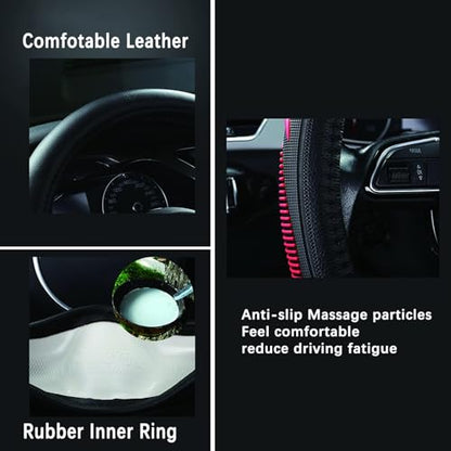 Leather Steering Wheel Cover for Chevy Silverado 1500 2500 3500, 14.5-15 inches Car Steering Wheel Cover with Anti-Slip Massage Particle (Red) - color: Red-2