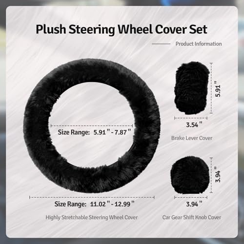 Fluffy Steering Wheel Cover 3PCS Set – Plush Fuzzy Fur Steering Wheel Cover with Gear Shift Cover & Handbrake Cover, Winter Warm Car Accessories, Car Interior Accessories for Women (Black)