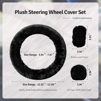 Fluffy Steering Wheel Cover 3PCS Set – Plush Fuzzy Fur Steering Wheel Cover with Gear Shift Cover & Handbrake Cover, Winter Warm Car Accessories, Car Interior Accessories for Women (Black)
