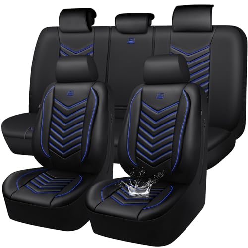 CAR PASS 3D Foam Faux Leather Seat Covers Full Set, Waterproof Leather Seat Cover for Cars, Luxury Universal Fit for SUV Truck Sedan Automotive, Armrest Airbag Compatible Anti-Slip, Black and Blue - color: Black and Blue, size: Full Set