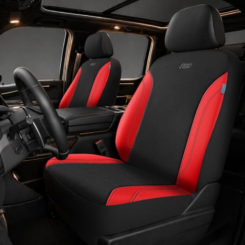 Skechers Car Seat Covers, Work Leather Seat Covers 5-Times Stronger Built-in Webbing, Oxford Fabric Front Seat Cover, Airbag Compatible, Automotive Comfort for Cars, Trucks, SUVs,Red - color: Black&Red, size: Two Front
