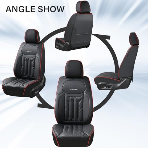 Coverado Car Seat Covers, Nappa Leather Waterproof Seat Cover, Car Seat Protector, Automotive Seat Covers Universal Fit for Most Cars, (Front, Black&Red Line)