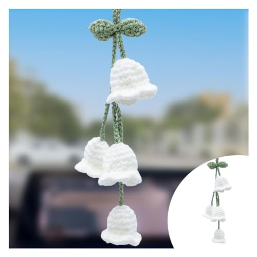 Car Mirror Hanging Accessories, Cute Crochet Suzuran Car Rearview Mirror Charm, Handmade Knitting, Fit for Backpack, Keychain (White)