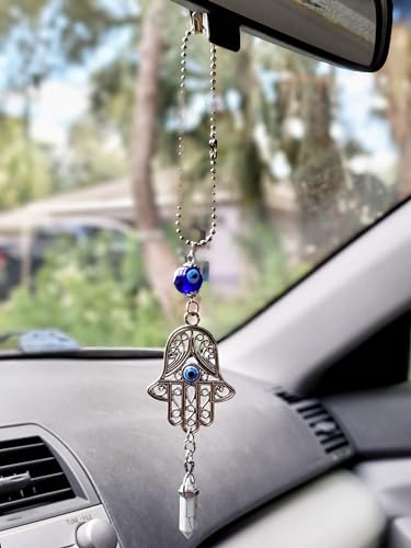 LUCKBOOSTIUM Hand Protection Amulet Evil Eye Car Rearview Mirror Hanging Ornament Charms Accessories Car Charm Good Luck - (2"x11" White Turquoise) - color: White Turquoise