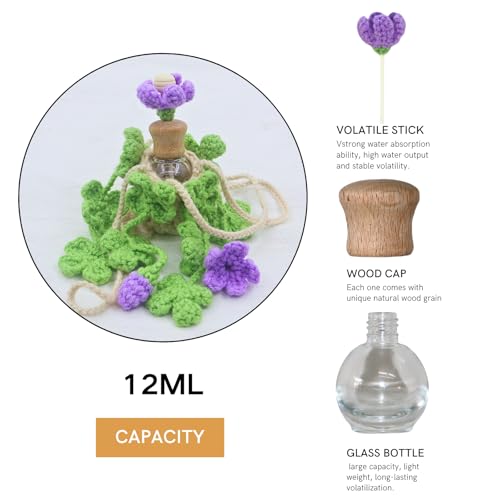 ROFIGL Handmade Crochet Hanging Car Air Freshener - Lucky 4-Leaf Clover Charm with 12ml Refillable Glass Essential Oil Diffuser Bottle, St. Patrick's Day Car Accessories & Bedroom Lucky Decor - style: Clover