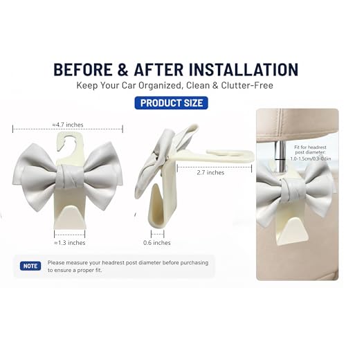 2 Pack Car Purse Hooks, Cute Bow Car Seat Headrest Hook Hanger for Purses and Bags.(white) - color: white