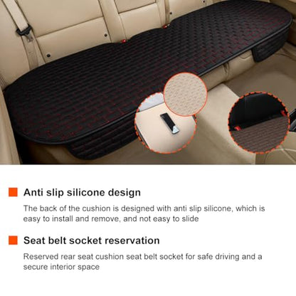 KVAEY Linen Back Car Seat Cover, Anti-Slip Long Bottom Rear Seat Cover Protector with Storage Pockets, Breathable Linen Rear Bench Seat Protector Cushion Pad for Most Vehicles (Black & Red, Back)