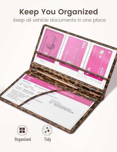 Yarnic Leopard Car Registration and Insurance Holder, Car Document Holder with Magnetic Closure, Car Organizer Vehicle Glove Box Compartment Organizer, Car wallet Case for Teens Men Women - color: darkleopard