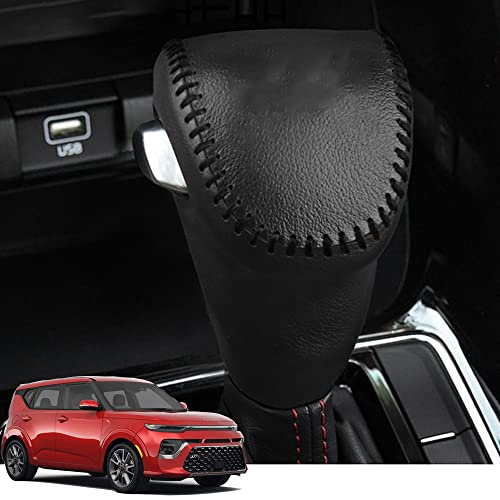 Great-luck Genuine Leather Automatic at Gear Shift Knob Cover Protector Trim,the car Interior Accessories(Black Stitches) For Carnival Forte（2019 2020 2021 2022 2024）Seltos Sorento Soul Telluride - color: Black Stitches