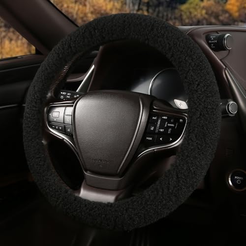 Fuzzy Warm Steering Wheel Cover for Winter, Soft Fleece Steering Wheel Cover for Women Men with Upgraded Silicone Inner Ring and Plush, Anti-Slip, Odorless Car Interior, Universal 14.5-15 Inch (Black)
