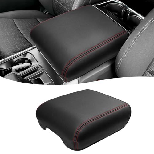 Center Console Cover for 2021-2026 Ford F150 Accessories, Vinyl Leather Middle Armrest Cusion Protector, Anti-Scratch, Black Red Stitches, Bucket Seat Only(not for Work Station) - size: Bucket Seat, 2021-2026 F150, red stitch