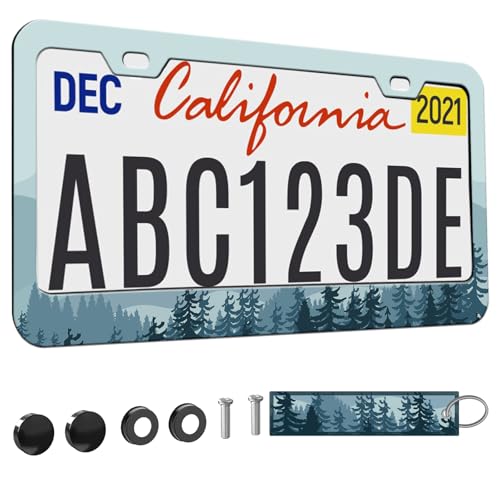 1pcs Mountain License Plate Frame for Women,Natural Pine Forest Mountain Horizon Landscape car Decorative tag Frames Girly,Blue Botanical License Plate Cover Holder for Vehicle with car Keychain tag - color: for blue Mountains Forest, size: 1pcs