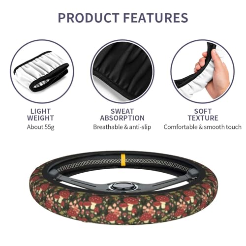 Mushroom Steering Wheel Cover Anti-Slip and Practical 14.5-15 Inch Universal Steering Wheel Cover with 2 Pieces Car Coasters Suitable for Men Women