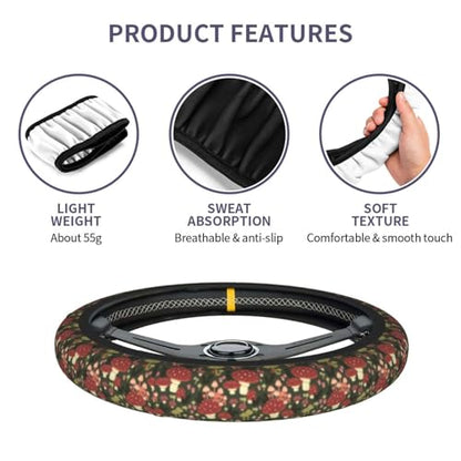 Mushroom Steering Wheel Cover Anti-Slip and Practical 14.5-15 Inch Universal Steering Wheel Cover with 2 Pieces Car Coasters Suitable for Men Women