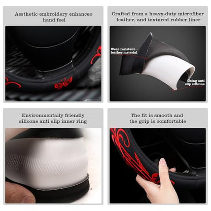 Car Leather Steering Wheel Cover - Panapi Material, Universal 14.5-15 Inch Leather Anti-Slip Breathable Auto Steering Wheel Covers for Men Women (Embroidery-Red) - color: Embroidery-Red