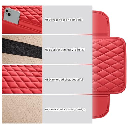 Waterproof Leather Car Center Console Pad with 2 Storage Bags, Auto Armrest Box Cover Protector, Comfortable Interior Accessories for Most Household Cars, Sedans & SUV (Allure Red)