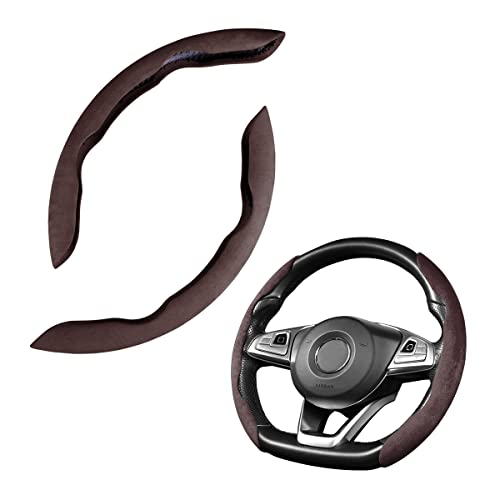 Car Steering Wheel Cover, Microfiber Suede Leather and Carbon Fiber Double Sided Design, Warm in Winter and Cool in Summer, Breathable Non Slip Segmented Protector for Most Cars (Turn Fur/Coffee) - color: Turn Fur/Coffee