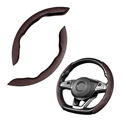 Car Steering Wheel Cover, Microfiber Suede Leather and Carbon Fiber Double Sided Design, Warm in Winter and Cool in Summer, Breathable Non Slip Segmented Protector for Most Cars (Turn Fur/Coffee) - color: Turn Fur/Coffee
