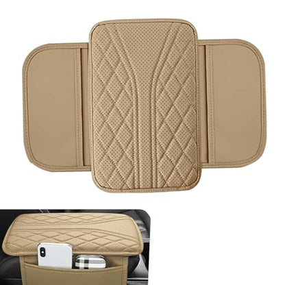 Car Center Console Cover, Leather Automotive Armrest Cushion with 2 Storage Bags, Breathable Armrest Cover, Universal Waterproof Arm Rest Protection Pad for SUV, Sedan, Truck (Beige) - color: Beige