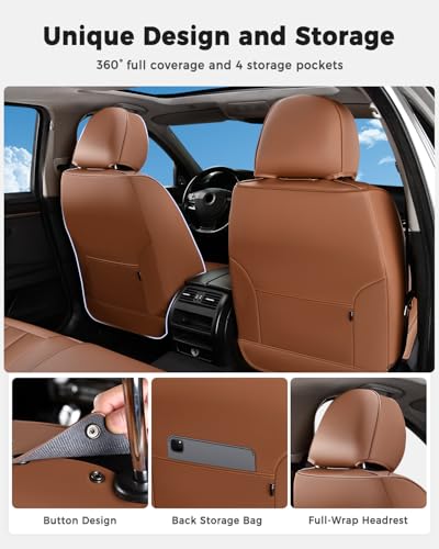 Huidasource Seat Covers Full Set, Universal Fit for Most Cars SUVs Trucks, Full Coverage Leather Automotive Seat Cover, Airbag, Cupholder Compatible, Seat Function Retain, Velcro Adjustable, Brown - color: FS: Brown, size: Full Set