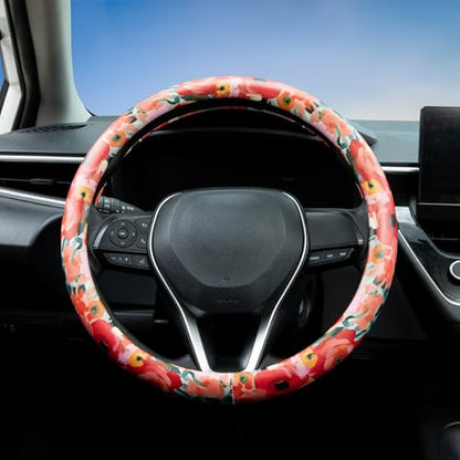 Poppy Coral Pink Flowers Steering Wheel Cover Auto Jacquard Steering Wheel Protector, Anti-Slip, Breathable, Absorbing Sweat, Universal Car Accessories 14.5–15 inch,Fit for Most Car, Trucks, SUV - style: Poppy Coral Pink Flowers