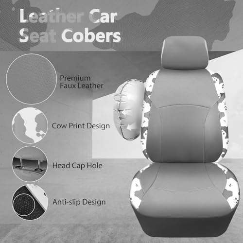CAR PASS Cow Print Faux Leather Car Seat Covers & Cow Car Mats & Cow Steering Wheel Cover Seat Belt Pads Universal fit for SUV,Van,Saden,Truck Cute Car Accessories Automobile Interior Sets All Gray - color: Cow Print Gray