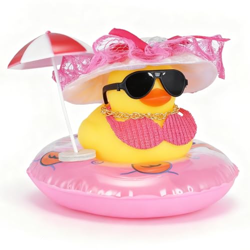 Mini Rubber Ducks with Gold Necklace, Black Sunglasses, Umbrella, Pink Bra & Swim Ring - Funny Pink Rubber Duck Decor for Dashboard, Office Desk - DIY Cute Rubber Duck Gift for Adults - color: Style12