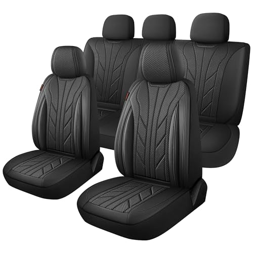 Luxury Faux Leather&Fabric Car Seat Covers Full Set with Breathable 3D Foam Back Support,Universal Comfortable Seat Covers for Cars,Trucks,SUVs, Front Armrests Compatible(5-Seat Black) - color: Black, size: Full Set