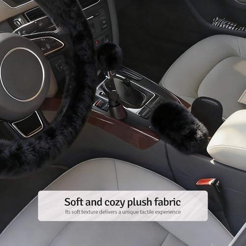 Fluffy Steering Wheel Cover 3PCS Set – Plush Fuzzy Fur Steering Wheel Cover with Gear Shift Cover & Handbrake Cover, Winter Warm Car Accessories, Car Interior Accessories for Women (Black)
