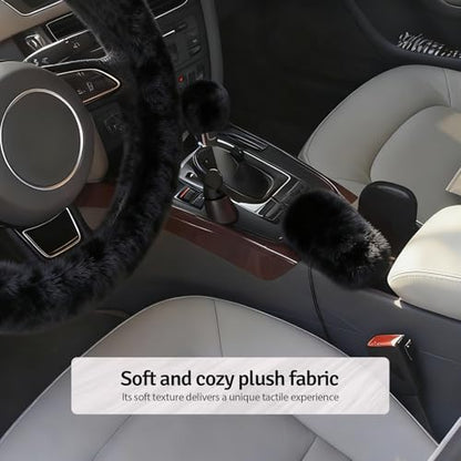 Fluffy Steering Wheel Cover 3PCS Set – Plush Fuzzy Fur Steering Wheel Cover with Gear Shift Cover & Handbrake Cover, Winter Warm Car Accessories, Car Interior Accessories for Women (Black)
