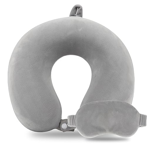 Sexysamba Pure Memory Foam Travel Pillow Set for Adults - Comfortable & Removable Machine Washable Cover, Neck Support Pillow Airplane Travel Kit with Eye Mask for Portable Plane Accessories - Grey - color: Grey