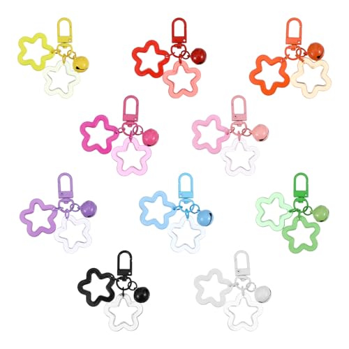 10 Pcs Star Keychain Clasp,Acrylic Star Keychain,Colorful Bell Five Pointed Stars Candy Color Clasp Clip Charm,Cute Stars Bag Charm Car Keys Backpack Keychains Decoration
