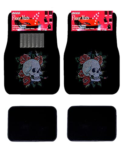 Universal Fit Car Truck Front/Rear 4-Piece Full Set Crystal Bling Rhinestone Design Studded Black Carpet Floor Mats (Happy Skull-Black) - color: Happy Skull-Black