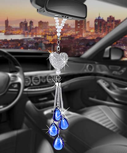 Rearview Mirror Ornaments Bling Car Mirror Hanging Accessories Car Decorations for Women Cute Car Decor Car Bling Accessories for Women Bling Accessories for Car Car Mirror Decor (Deep blue) - color: Deep Blue, size: Heart