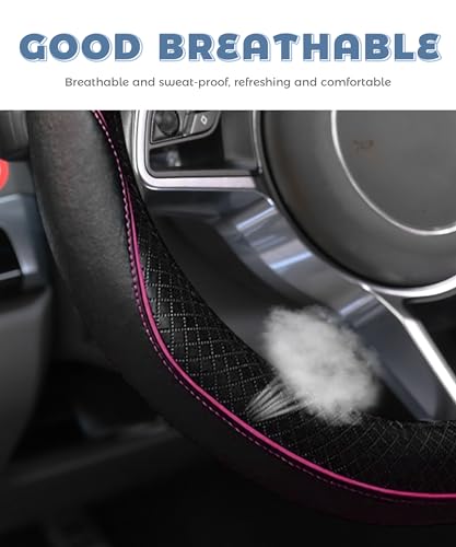 Steering Wheel Cover,Car Accessories 14.5-15 Inch Leather Steering Wheel Cover,Anti-Slip Breathable Microfiber Leather Covers,Warm in Winter and Cool in Summer,Fit for Suvs (Black-Pink) - color: Black&Pink