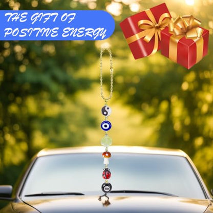 Evil Eye Car Hanging Ornament,Good Lucky Days Car Charm,8 Ball Mushroom Four-Leaf Clover Pendant for Car Rear View Mirror,Cute Boho Evil Eye Ladybug Yin Yang Symbol Decor Accessories