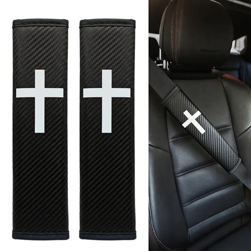 Cross Seat Belt Strap Cover Pad, Inspirational Interior Car Accessories Decor, for Auto Car Truck Pickup 2026, Carbon Fiber Leather, Shoulder Neck Cushion Protector, Black, 2 PCS - color: Cross