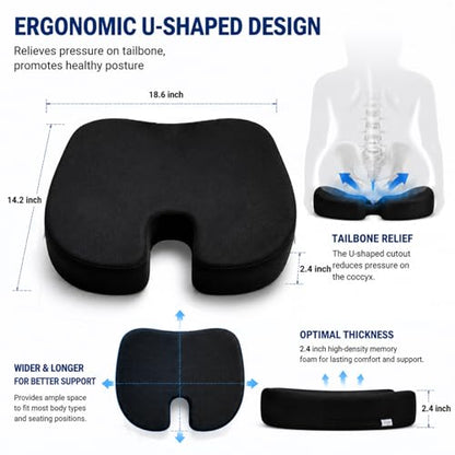 DR.DREAM Seat Cushion for Long Sitting, Cooling Gel Memory Foam Seat Cushion - Back, Sciatica, Coccyx, Tailbone Pain Relief - for Office Chairs, Car Seat, Wheelchair Sitting Cushion (Black) - color: Black