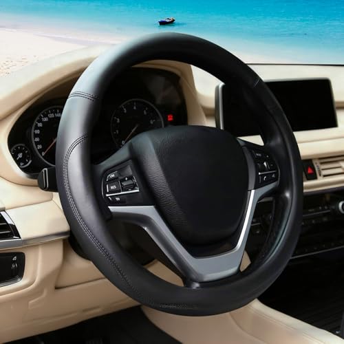 Black Car Steering Wheel Cover, Nappa Leather, Bottom Color Blocking, Fashionable Sporty Style, Universal 14.5-15 Inch Leather Anti-Slip Breathable Auto Steering Wheel Covers for Men Women - color: Black