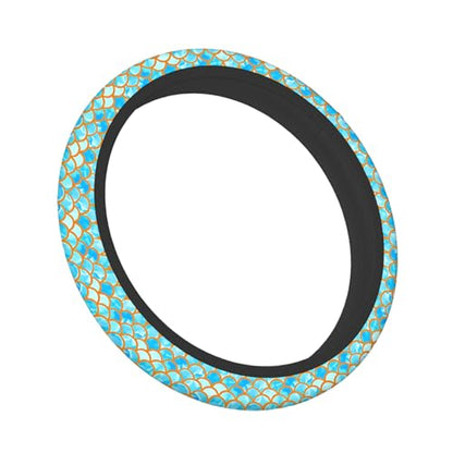 Swono Automotive Steering Wheel Covers Mermaid Scales Watercolor Blue and Gold Fish Scales Neoprene Car Wrap Cover Stretch-On Fabric Breathable Universal 15 Inch for Women Men - color: multi-065