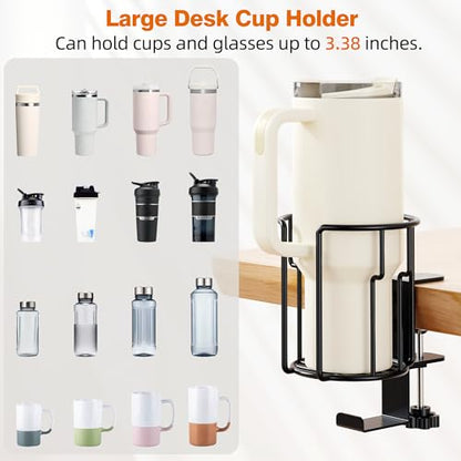 Large Desk Cup Holder, 2-in-1 Clip On Cup Holder with Headphone Hook, Heavy-Duty Metal Drink Holder for Insulated Tumblers, Big Water Bottles, Fits Office Desk Organizer, Dorm, Gaming Setup (2 Pack) - color: Black- 2 Pack