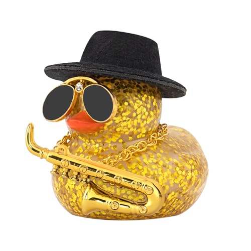 wonuu Car Decoration Saxophone Rubber Ducks, Dashboard Decor Duck Car Ornaments with Mini Top Hat Necklace Sunglasses, Dark Gold - color: Dark Gold, style: Glitter