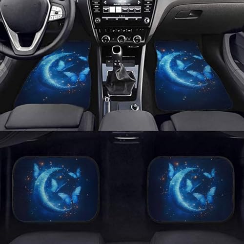 All Weather Floor Liners, Blue Butterfly Moon Print Floor Mats with Non-Slip Backing, Front Rear Floor Carpet 4 Pcs Car Accessories for SUV & Trucks - color: Blue Butterfly Moon Print