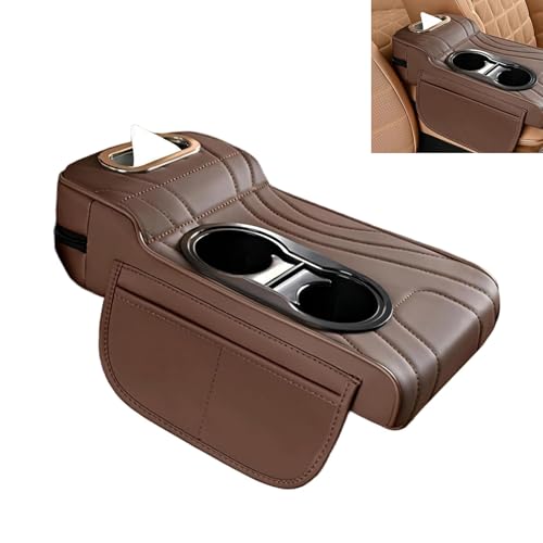 Car Armrest Cushion, Leather Center Console Cover Protector, Multifunctional Storage Pad with Dual Cup Holder, Tissue Box & Side Card Slot, Universal for Most Cars (Coffee) - color: Coffee