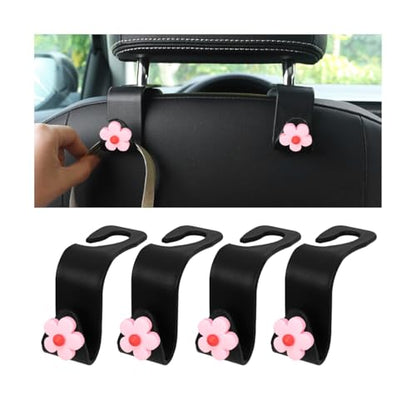 4 PCS Car Headrest Hook, Multifunctional Flower Vehicle Seat Back Storage Hook, Cute Automotive Seatback Organizer Hanger for Purse Grocery Bag Handbag, Universal Fit (Black/Pink) - color: Black/Pink