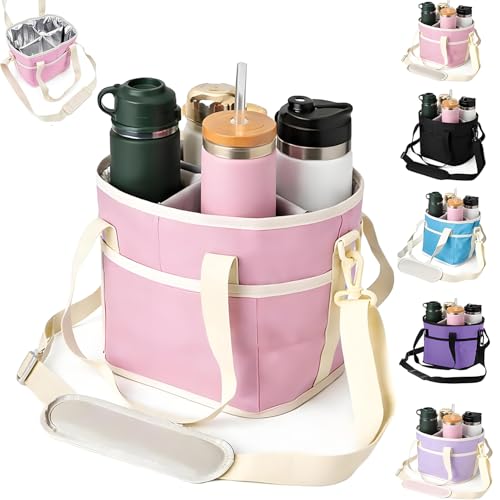 Drink Carrier Bag for 4 Cups, Insulated Drink Carrier with 4 Compartments, Portable Tumbler Holder with Adjustable Strap, Drink Caddy Tote for Coffee, Travel, Takeout & Outings (Pink) - color: Pink