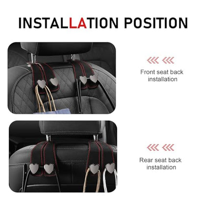 2 PCS Car Seat Headrest Hook, Suede Cute Heart Shape Metal Double Head Purse Hook, Universal Automotive Seat Back Storage Hanger, Car Accessories for Women (Black)